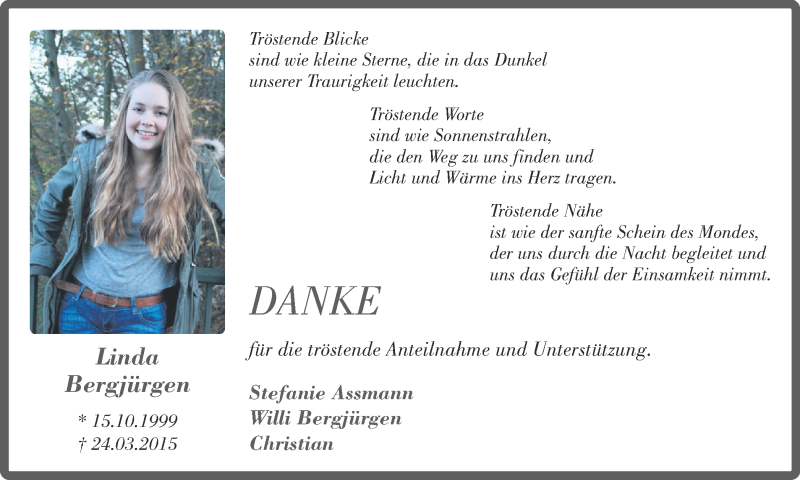  Traueranzeige für Linda Bergjürgen vom 29.07.2015 aus Ruhr Nachrichten und Halterner Zeitung