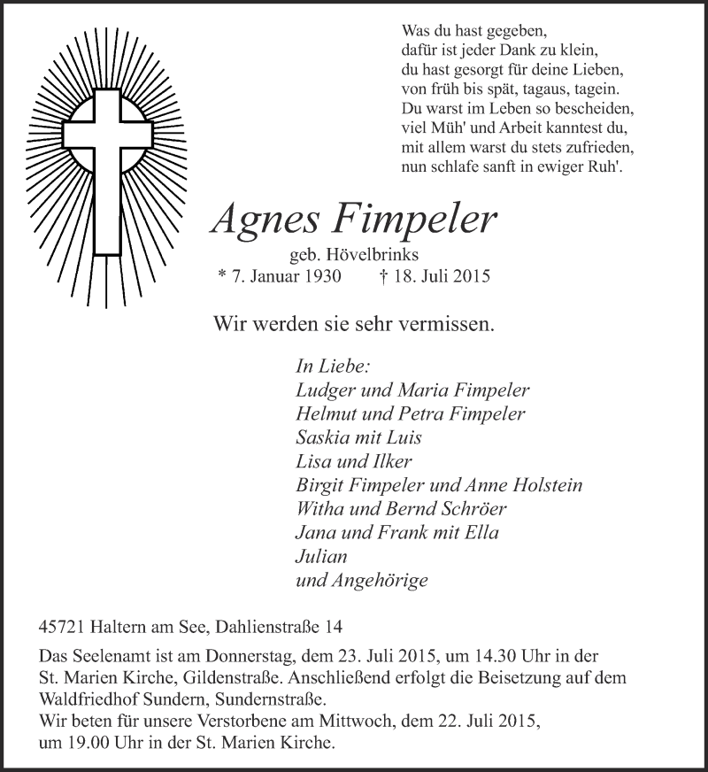  Traueranzeige für Agnes Fimpeler vom 21.07.2015 aus Ruhr Nachrichten und Halterner Zeitung