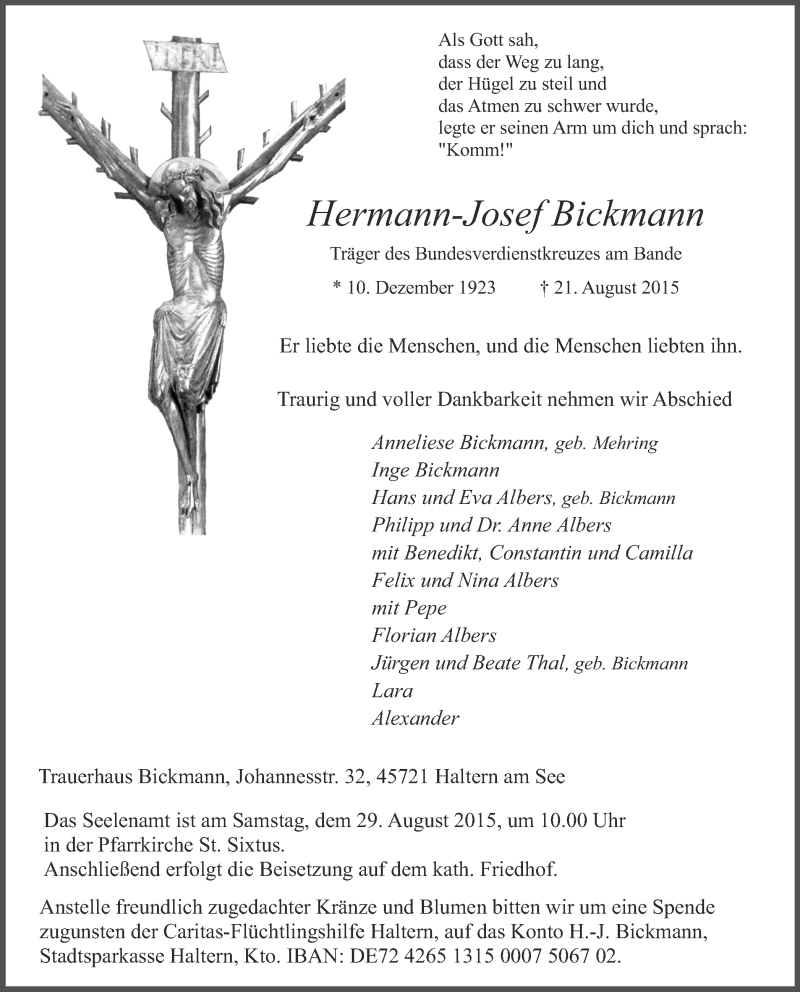  Traueranzeige für Hermann-Josef Bickmann vom 26.08.2015 aus Ruhr Nachrichten und Halterner Zeitung