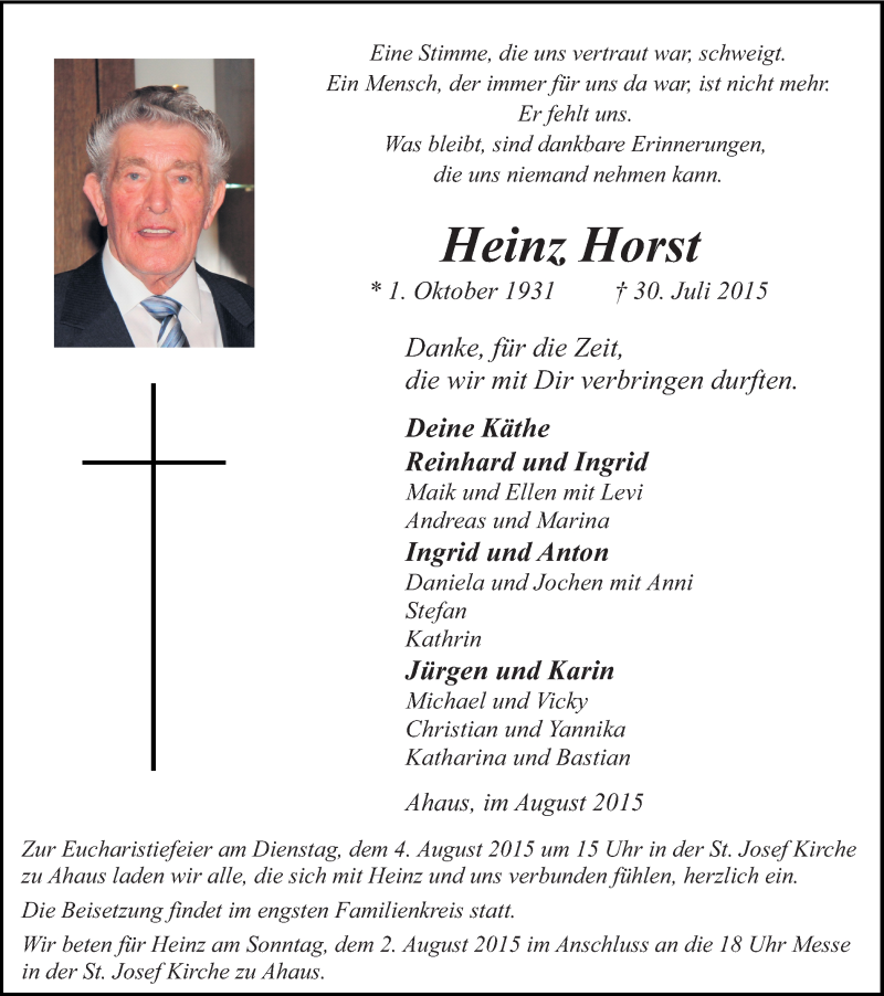  Traueranzeige für Heinz Horst vom 01.08.2015 aus Münstersche Zeitung und Münsterland Zeitung