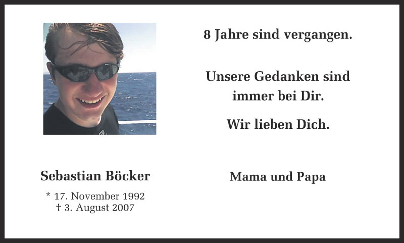  Traueranzeige für Sebastian Böcker vom 03.08.2015 aus Ruhr Nachrichten