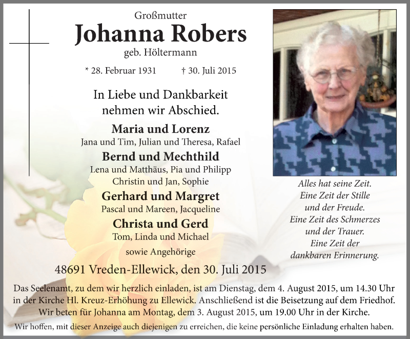  Traueranzeige für Johanna Robers vom 01.08.2015 aus Münstersche Zeitung und Münsterland Zeitung