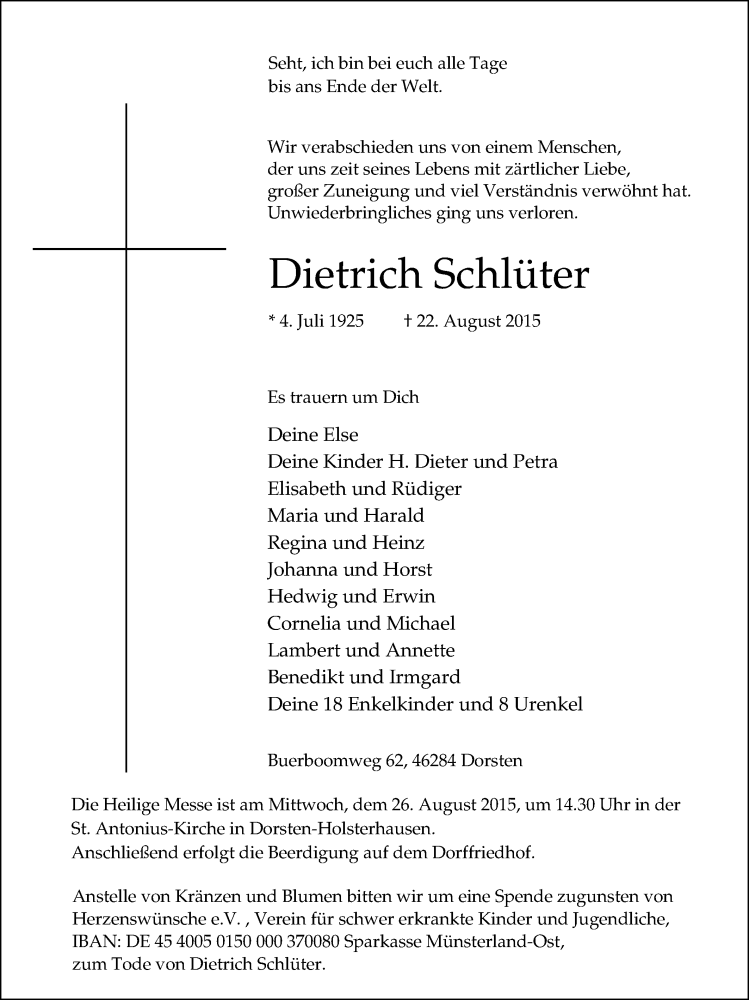  Traueranzeige für Dietrich Schlüter vom 24.08.2015 aus Ruhr Nachrichten und Dorstener Zeitung