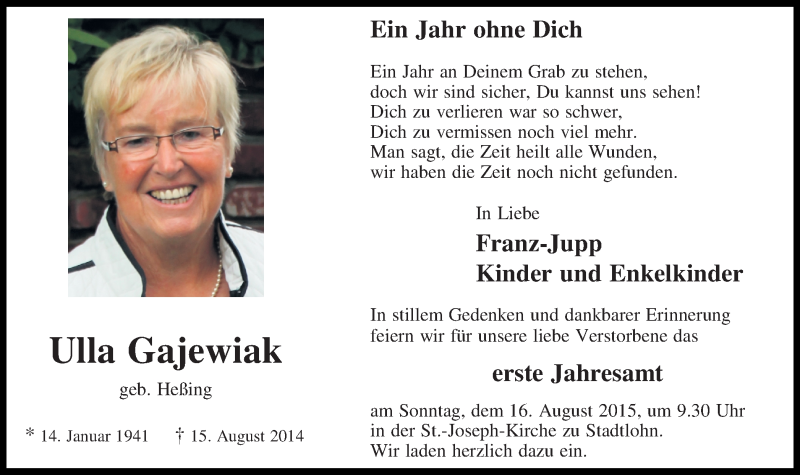  Traueranzeige für Ulla Gajewiak vom 12.08.2015 aus Münstersche Zeitung und Münsterland Zeitung