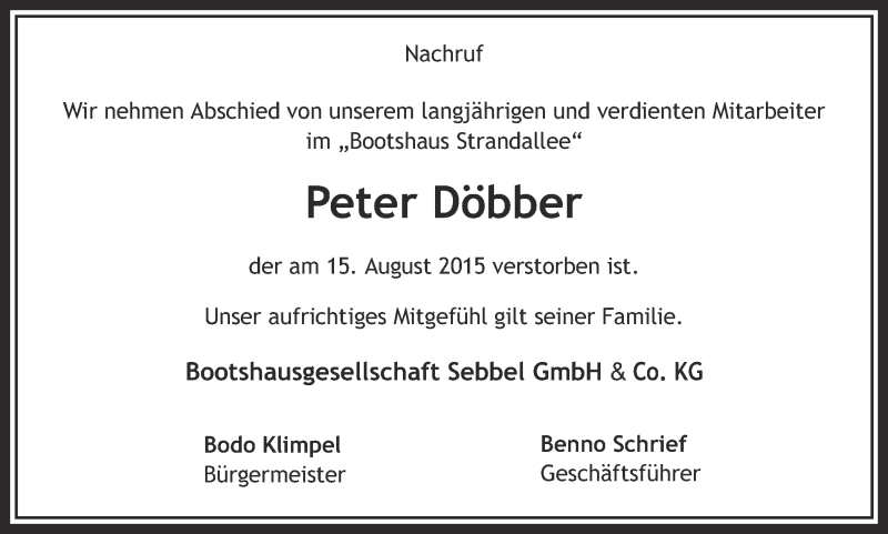  Traueranzeige für Peter Döbber vom 20.08.2015 aus Ruhr Nachrichten und Halterner Zeitung