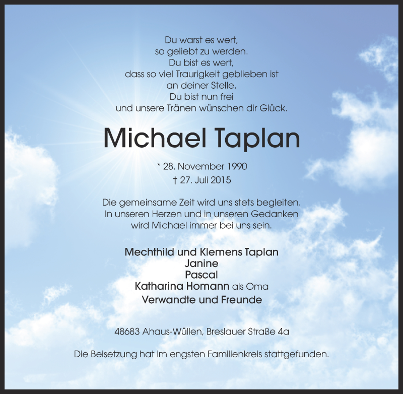  Traueranzeige für Michael Taplan vom 03.08.2015 aus Münstersche Zeitung und Münsterland Zeitung