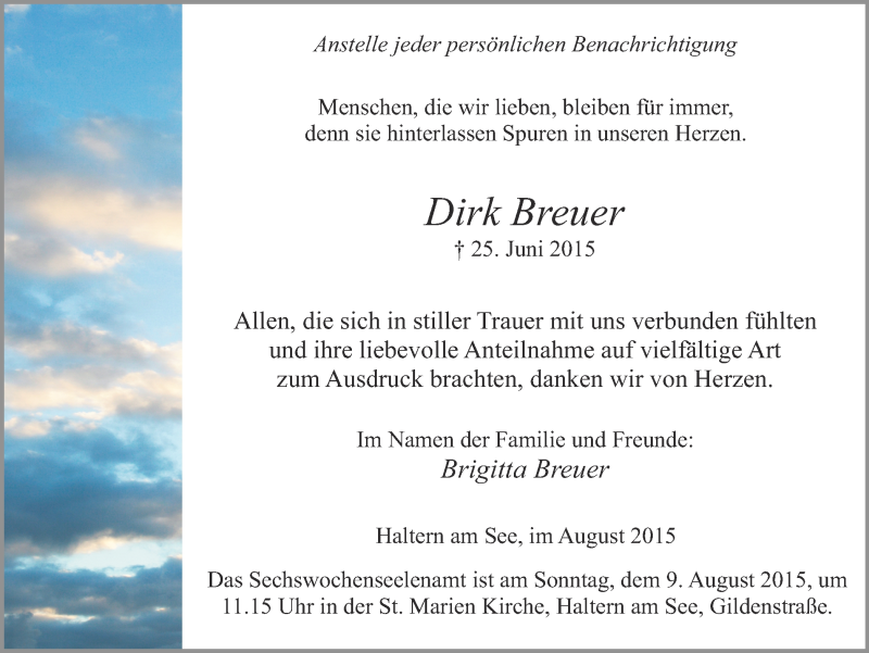  Traueranzeige für Dirk Breuer vom 05.08.2015 aus Ruhr Nachrichten und Halterner Zeitung
