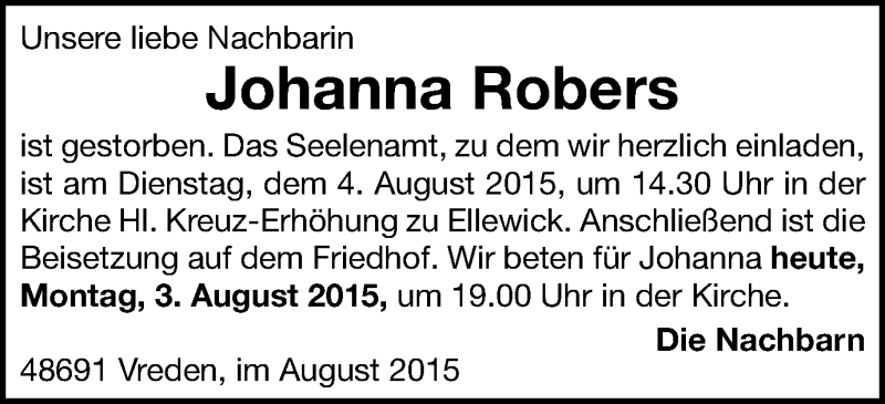  Traueranzeige für Johanna Robers vom 03.08.2015 aus Münstersche Zeitung und Münsterland Zeitung