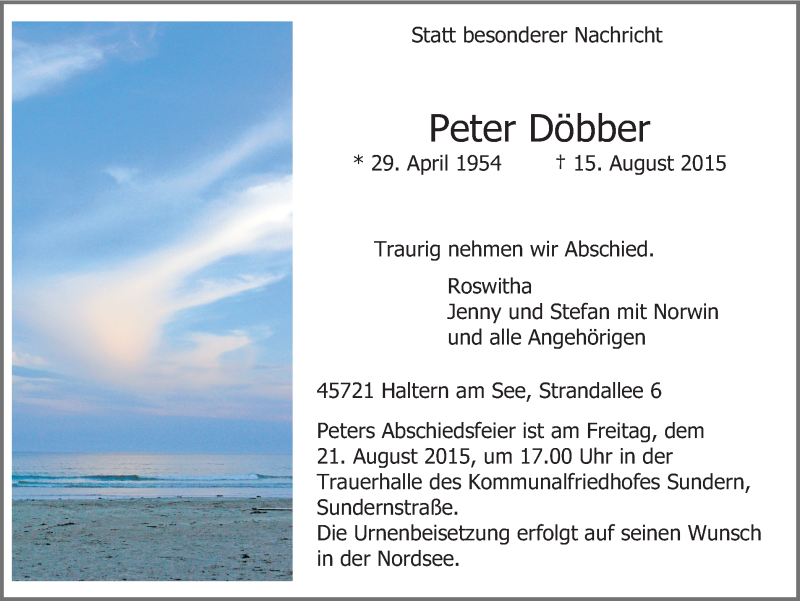  Traueranzeige für Peter Döbber vom 18.08.2015 aus Ruhr Nachrichten und Halterner Zeitung