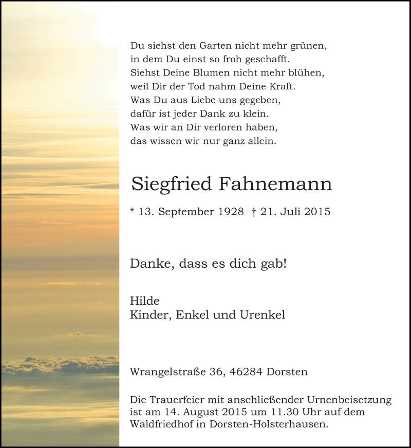  Traueranzeige für Siegfried Fahnemann vom 08.08.2015 aus Ruhr Nachrichten und Dorstener Zeitung