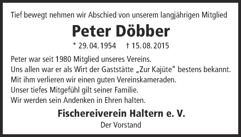  Traueranzeige für Peter Döbber vom 19.08.2015 aus Ruhr Nachrichten und Halterner Zeitung