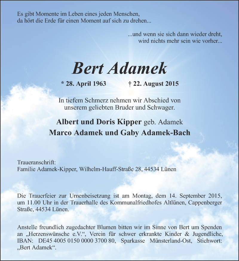  Traueranzeige für Bert Adamek vom 29.08.2015 aus Ruhr Nachrichten