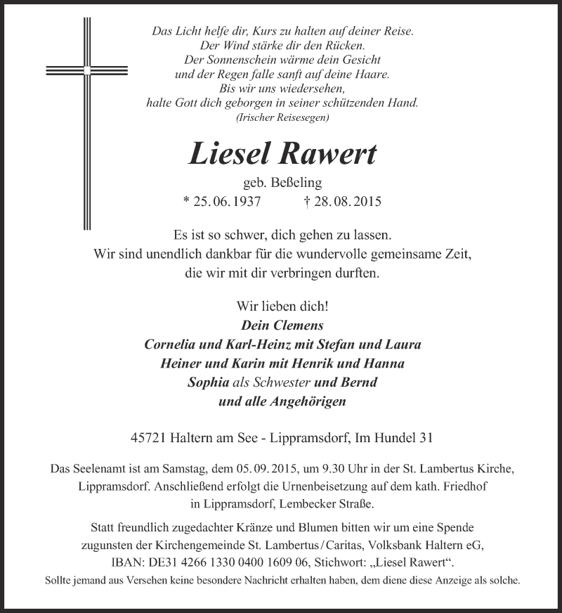  Traueranzeige für Liesel Rawert vom 01.09.2015 aus Ruhr Nachrichten und Halterner Zeitung