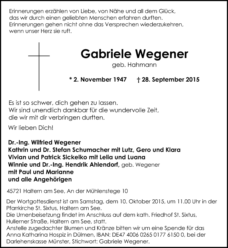  Traueranzeige für Gabriele Wegener vom 30.09.2015 aus Ruhr Nachrichten und Halterner Zeitung