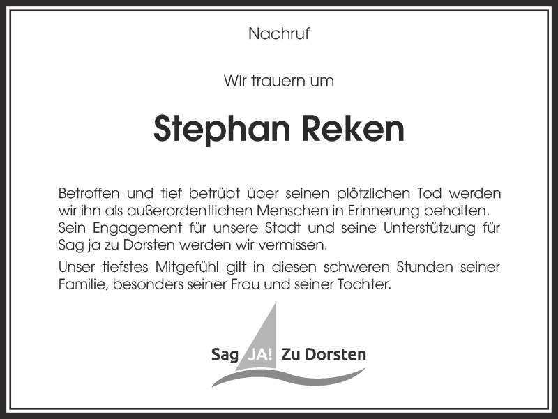  Traueranzeige für Stephan Reken vom 28.01.2016 aus Ruhr Nachrichten und Dorstener Zeitung