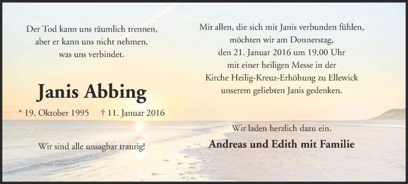  Traueranzeige für Janis Abbing vom 21.01.2016 aus Münstersche Zeitung und Münsterland Zeitung