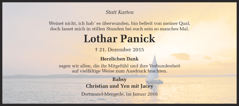  Traueranzeige für Lothar Panick vom 09.01.2016 aus Ruhr Nachrichten