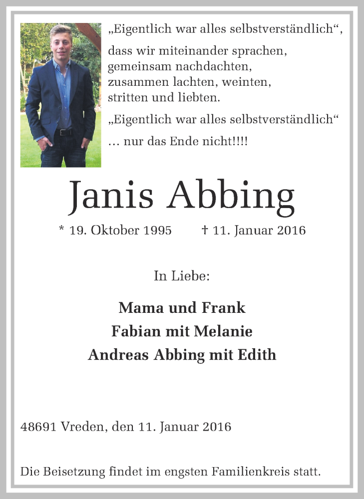  Traueranzeige für Janis Abbing vom 14.01.2016 aus Münstersche Zeitung und Münsterland Zeitung