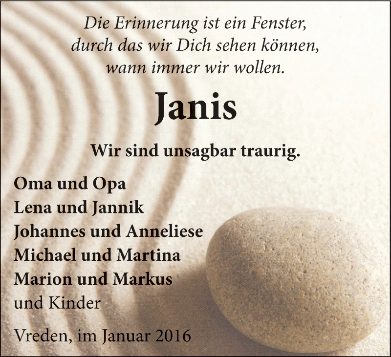  Traueranzeige für Janis Abbing vom 15.01.2016 aus Münstersche Zeitung und Münsterland Zeitung