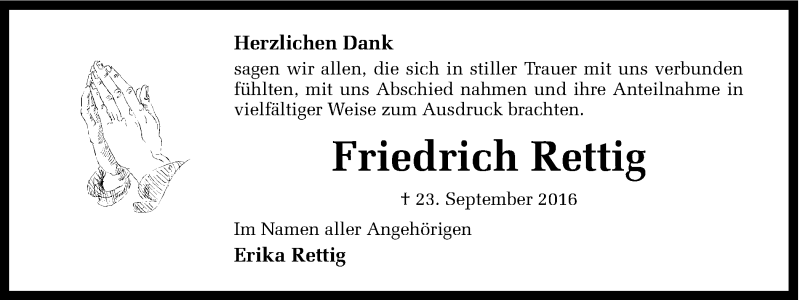  Traueranzeige für Friedrich Rettig vom 21.10.2016 aus Ruhr Nachrichten