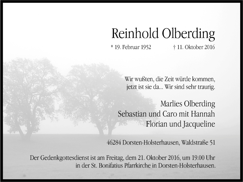  Traueranzeige für Reinhold Olberding vom 19.10.2016 aus Ruhr Nachrichten und Dorstener Zeitung