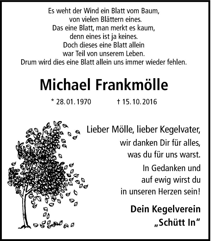  Traueranzeige für Michael Frankmölle vom 22.10.2016 aus Ruhr Nachrichten und Halterner Zeitung
