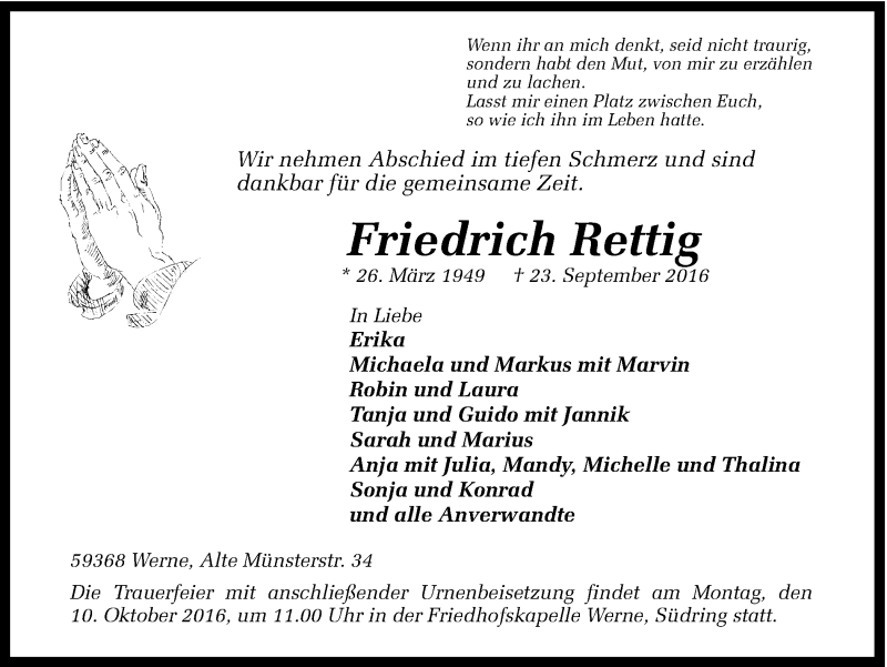  Traueranzeige für Friedrich Rettig vom 06.10.2016 aus Ruhr Nachrichten