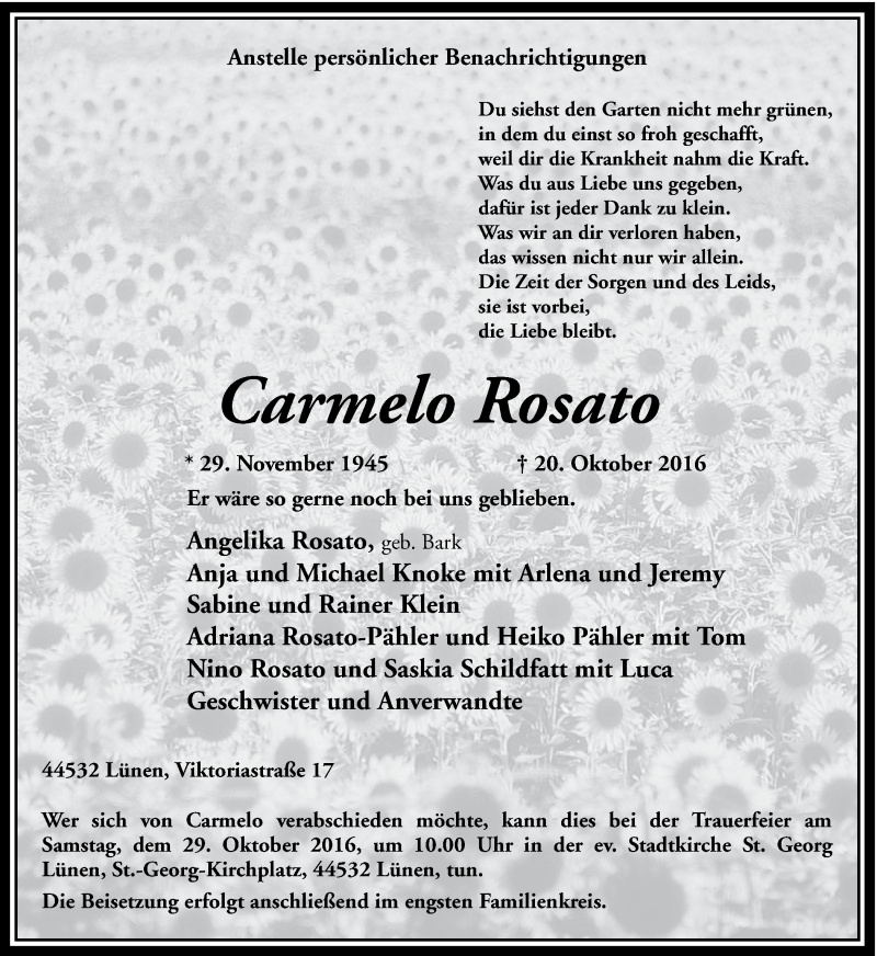  Traueranzeige für Carmelo Rosato vom 22.10.2016 aus Ruhr Nachrichten