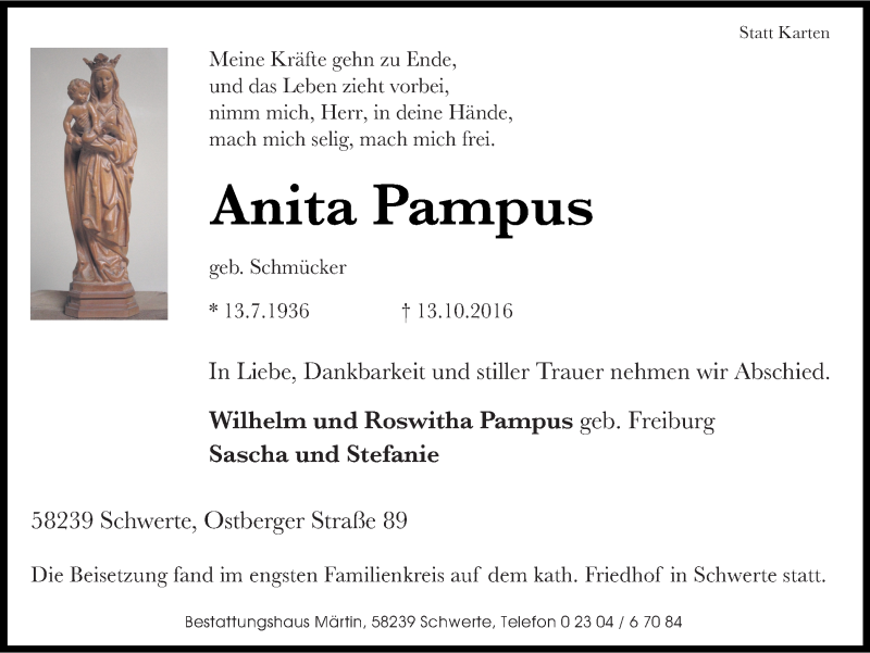  Traueranzeige für Anita Pampus vom 20.10.2016 aus Ruhr Nachrichten