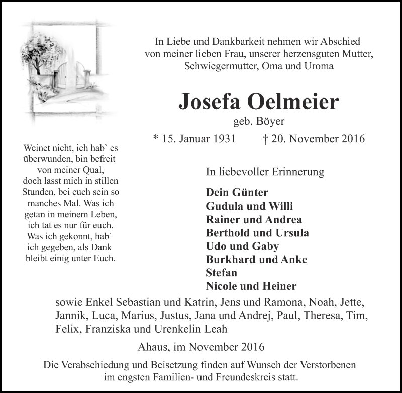  Traueranzeige für Josefa Oelmeier vom 22.11.2016 aus Münstersche Zeitung und Münsterland Zeitung