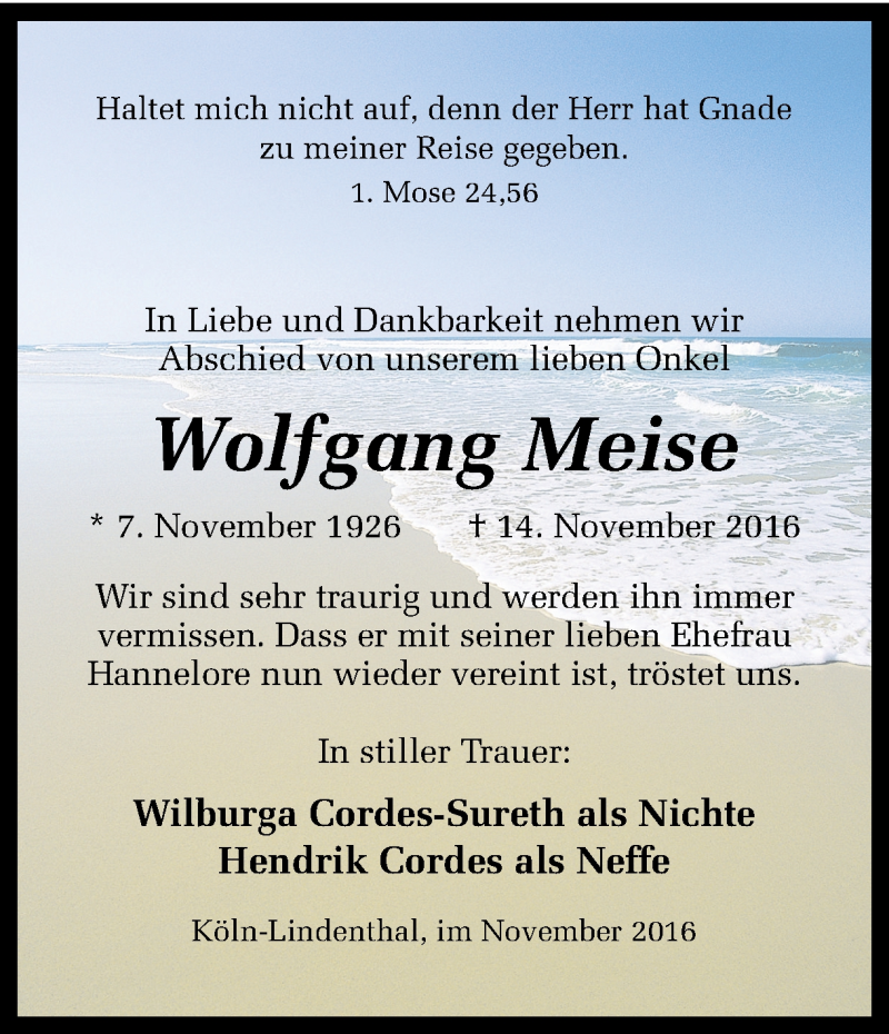  Traueranzeige für Wolfgang Meise vom 25.11.2016 aus Ruhr Nachrichten