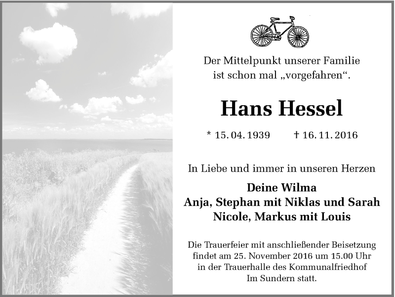  Traueranzeige für Hans Hessel vom 22.11.2016 aus Ruhr Nachrichten und Halterner Zeitung