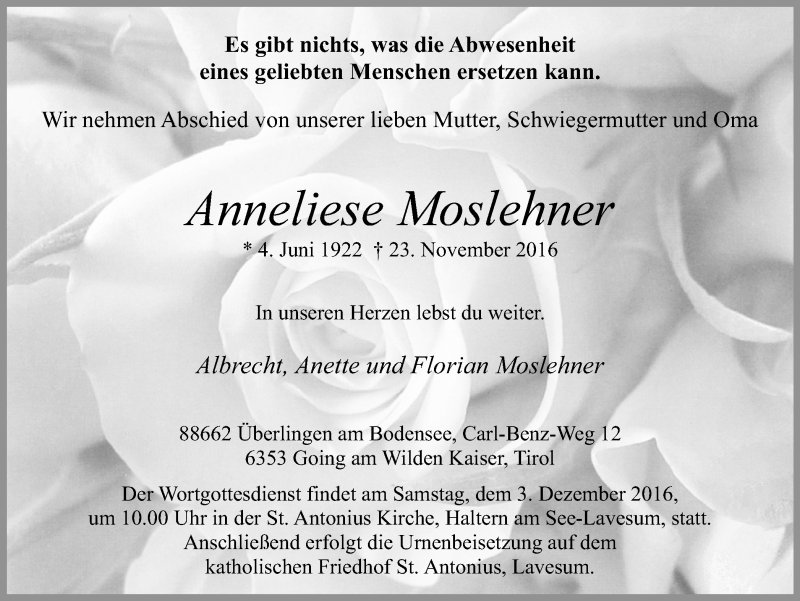  Traueranzeige für Anneliese Moslehner vom 28.11.2016 aus Ruhr Nachrichten und Halterner Zeitung