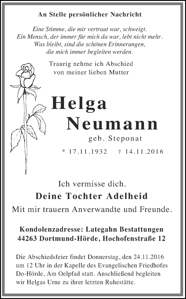  Traueranzeige für Helga Neumann vom 19.11.2016 aus Ruhr Nachrichten