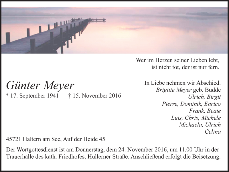  Traueranzeige für Günter Meyer vom 19.11.2016 aus Ruhr Nachrichten und Halterner Zeitung