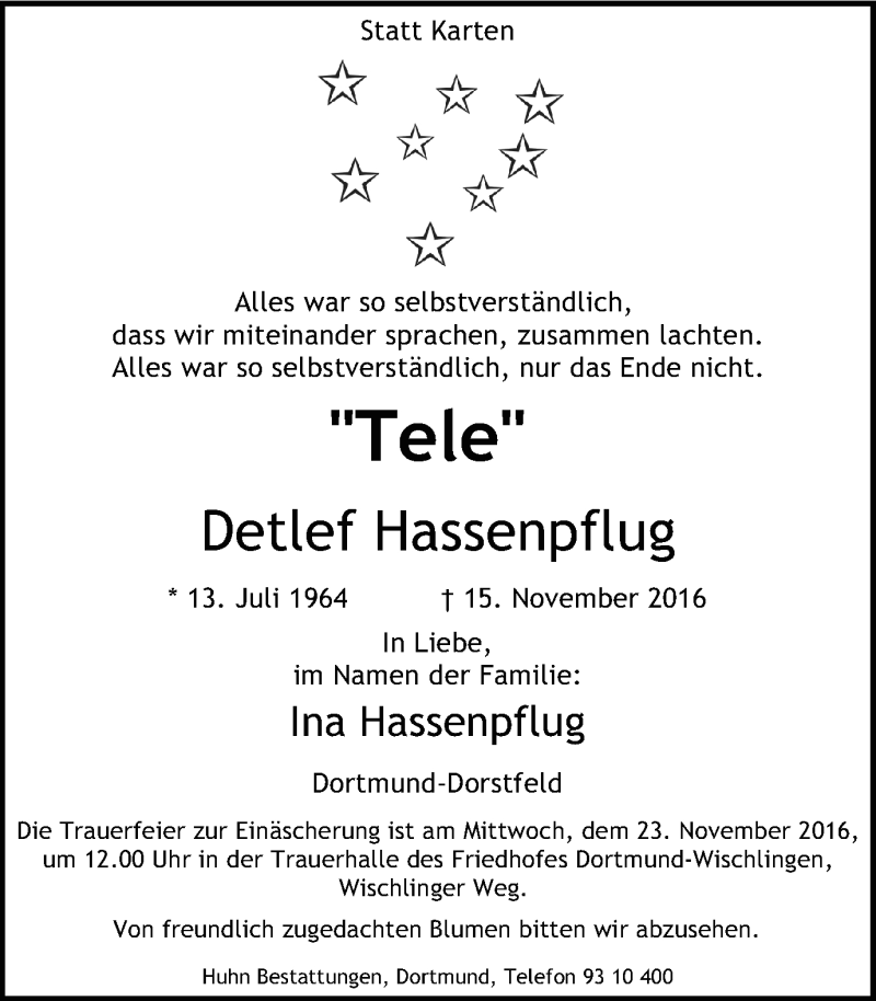  Traueranzeige für Detlef Hassenpflug vom 19.11.2016 aus Ruhr Nachrichten