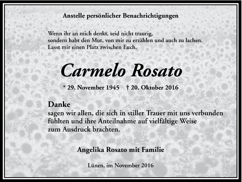  Traueranzeige für Carmelo Rosato vom 26.11.2016 aus Ruhr Nachrichten