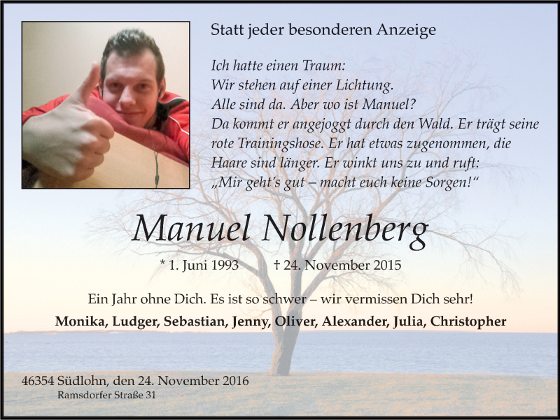  Traueranzeige für Manuel Nollenberg vom 24.11.2016 aus Münstersche Zeitung und Münsterland Zeitung