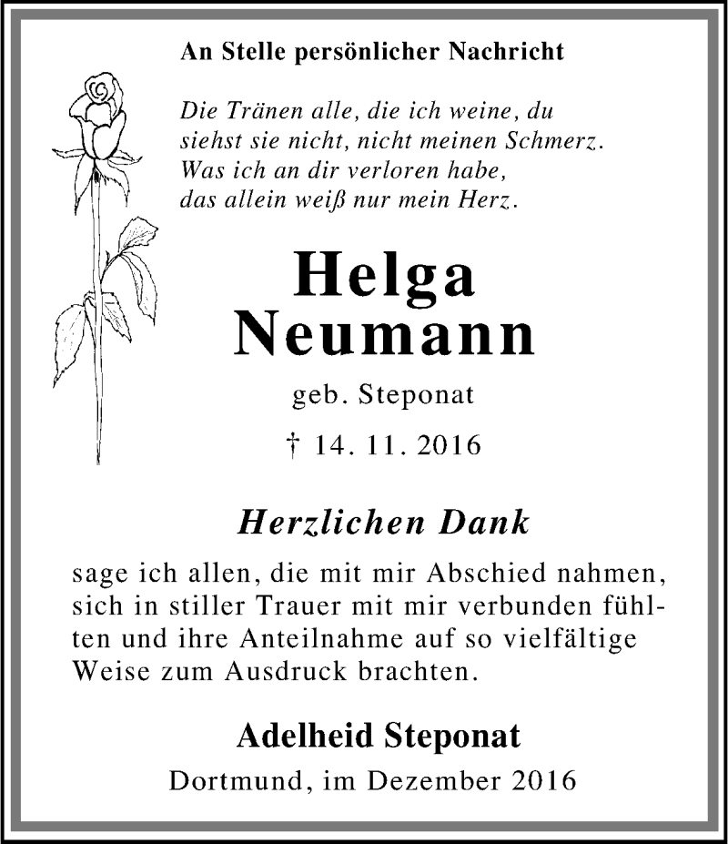  Traueranzeige für Helga Neumann vom 17.12.2016 aus Ruhr Nachrichten