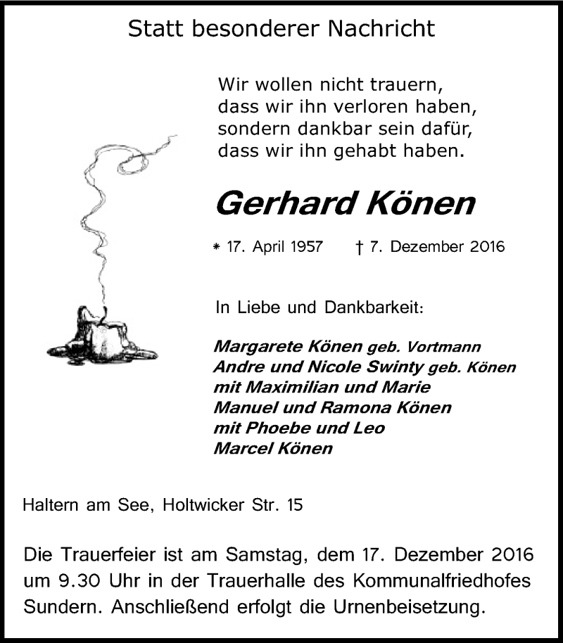  Traueranzeige für Gerhard Könen vom 10.12.2016 aus Ruhr Nachrichten und Halterner Zeitung
