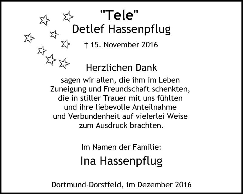  Traueranzeige für Detlef Hassenpflug vom 03.12.2016 aus Ruhr Nachrichten
