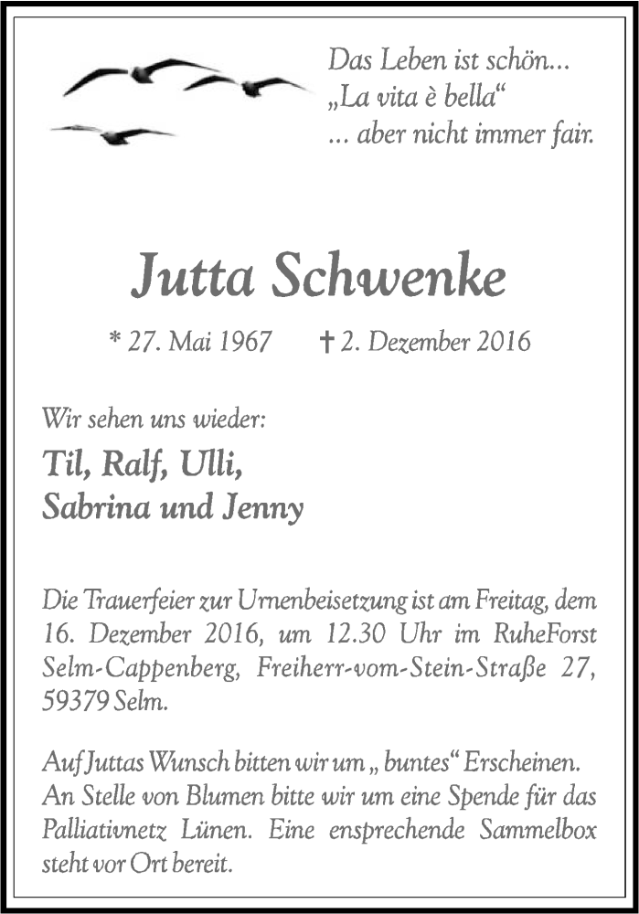  Traueranzeige für Jutta Schwenke vom 10.12.2016 aus Ruhr Nachrichten