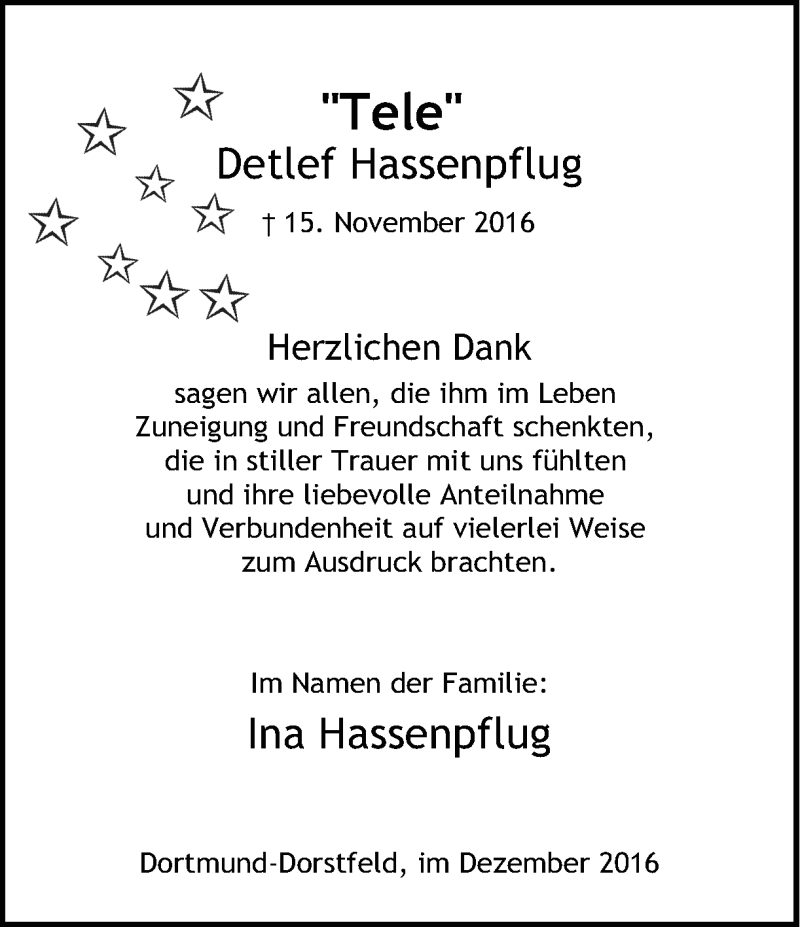  Traueranzeige für Detlef Hassenpflug vom 03.12.2016 aus Ruhr Nachrichten