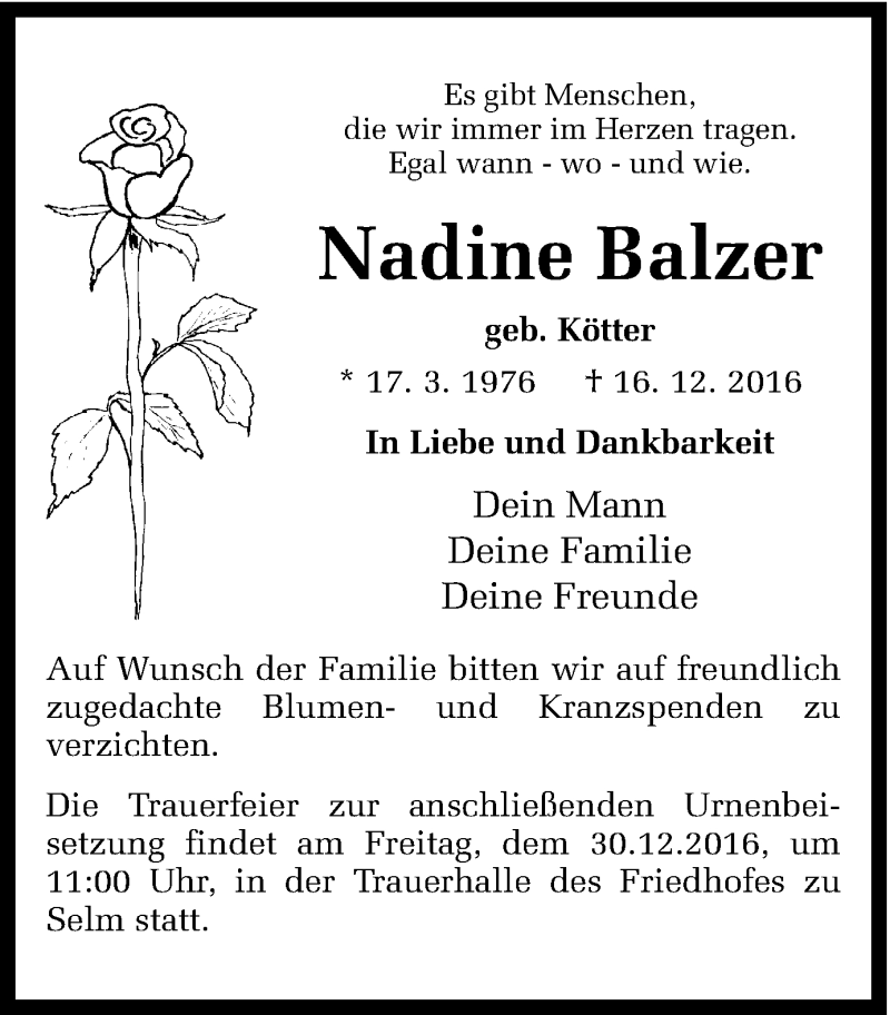  Traueranzeige für Nadine Balzer vom 24.12.2016 aus Ruhr Nachrichten
