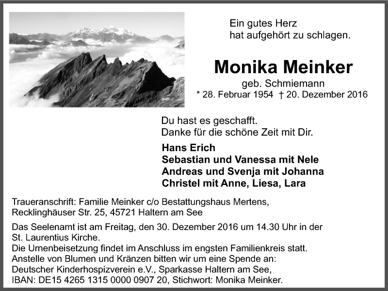  Traueranzeige für Monika Meinker vom 23.12.2016 aus Ruhr Nachrichten und Halterner Zeitung
