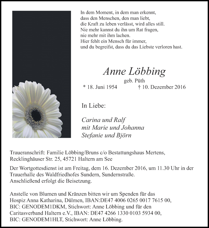  Traueranzeige für Anne Löbbing vom 13.12.2016 aus Ruhr Nachrichten und Halterner Zeitung
