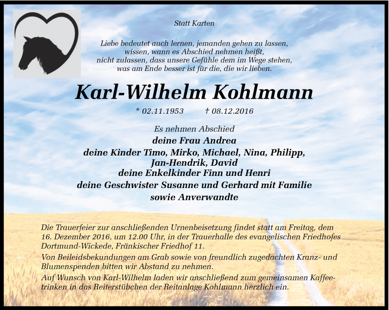  Traueranzeige für Karl-Wilhelm Kohlmann vom 12.12.2016 aus Ruhr Nachrichten
