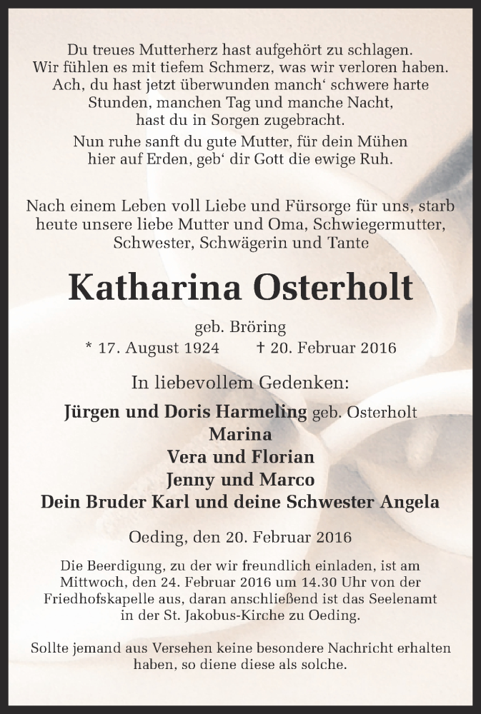  Traueranzeige für Katharina Osterholt vom 22.02.2016 aus Münstersche Zeitung und Münsterland Zeitung