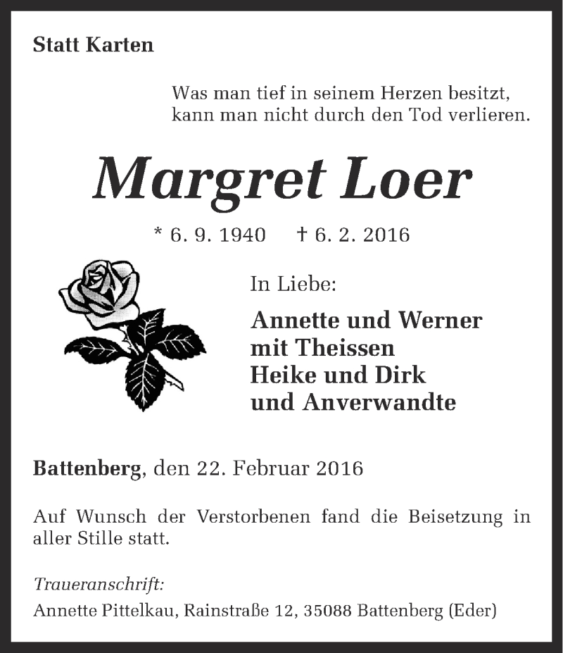  Traueranzeige für Margret Loer vom 22.02.2016 aus Ruhr Nachrichten