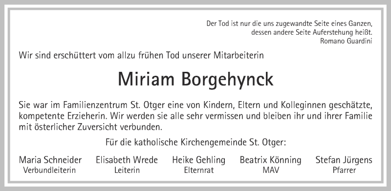  Traueranzeige für Miriam Borgehynck vom 13.02.2016 aus Münstersche Zeitung und Münsterland Zeitung